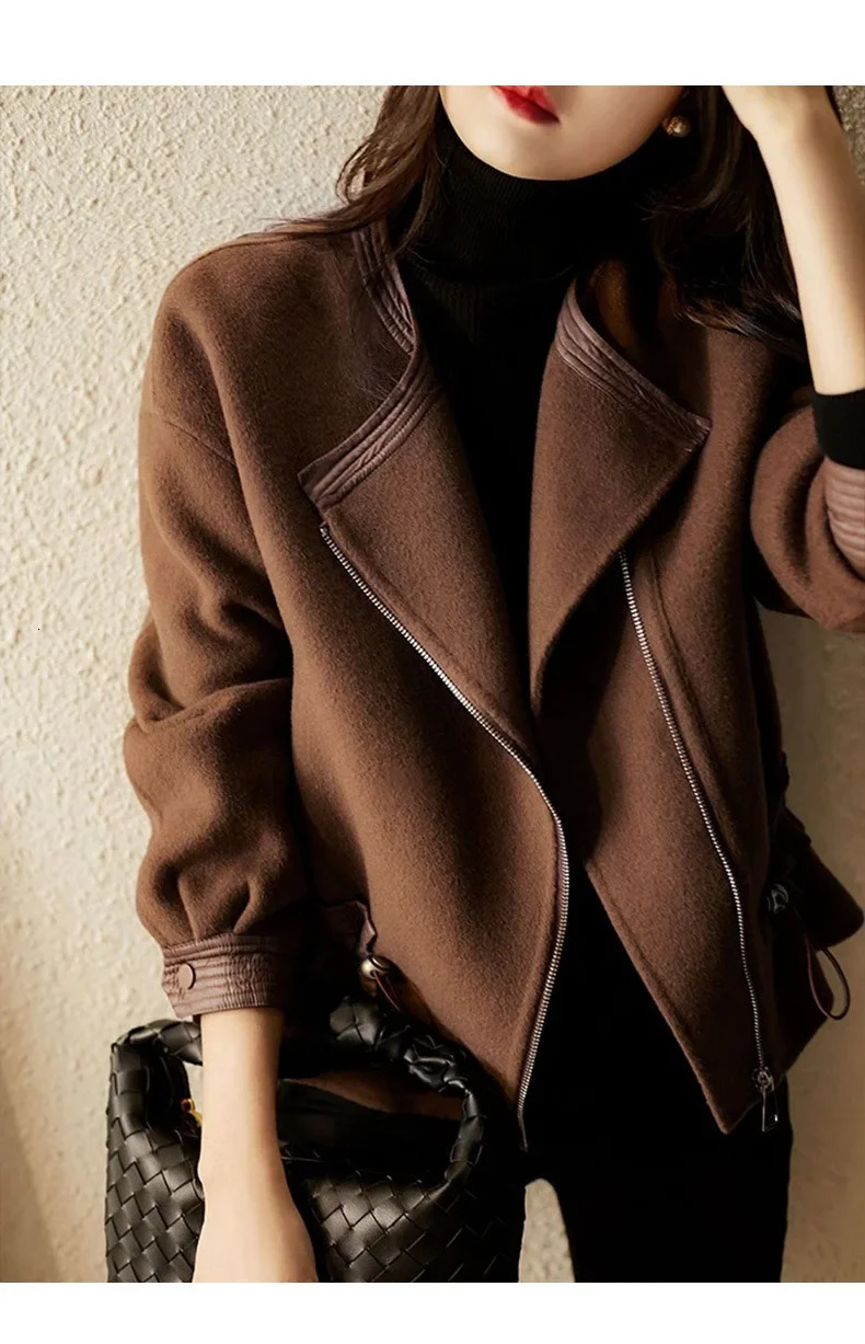 Coffee colored wool womens short jacket high-end motorcycle collar wool jacket autumn short jacket and jacket for women 241024