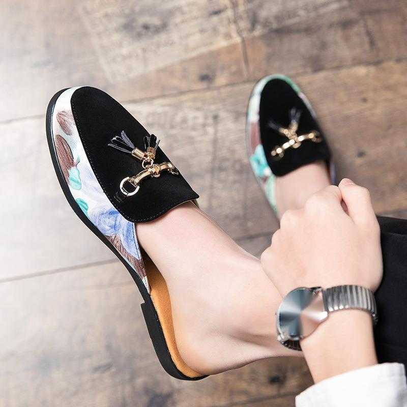 Men Dress Shoes Summer Breathable Half Slippers Mens Korean Version Casual One Foot Lazy Cool Slippers Bean Shoes Small Leather Shoes 241009