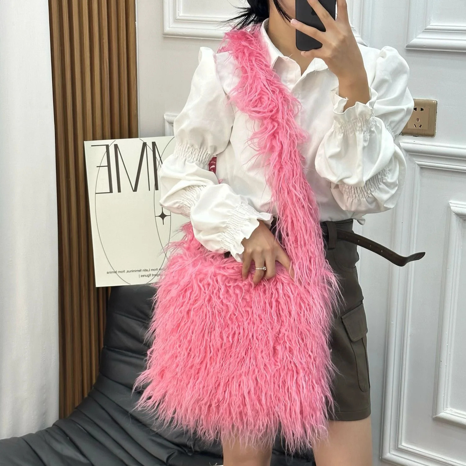 Faux Fur Bags for Women Vintage Y2k Tote Shoulder Bags Glossy Leather Shopper Handbags Woman Rhombic Bag 240926
