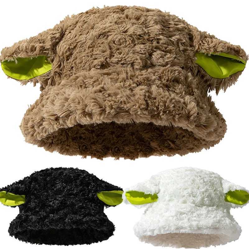 FLuffy Lamb Ear Bucket Hat Cute Sheep Ears Faux Fur Plush Beanies Winter Soft Warm Caps Women Outdoor Warm Panama Fisherman HatsX241025