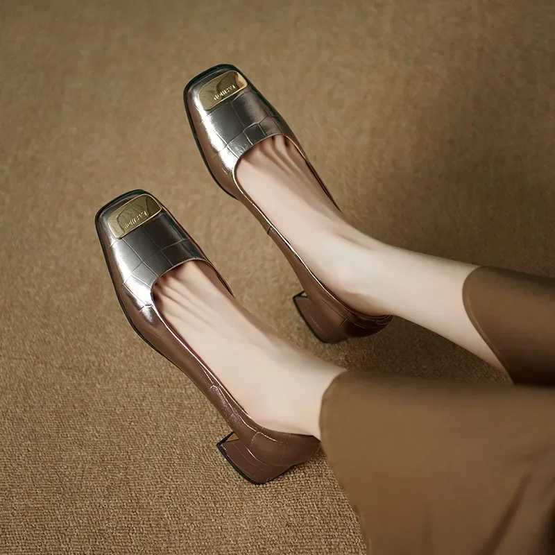 High Quality Autumn New Fi Shallow Mouth Square Head Metal Square Buckle Low Heel Sliding Block - Mary Jane Shoes T241024