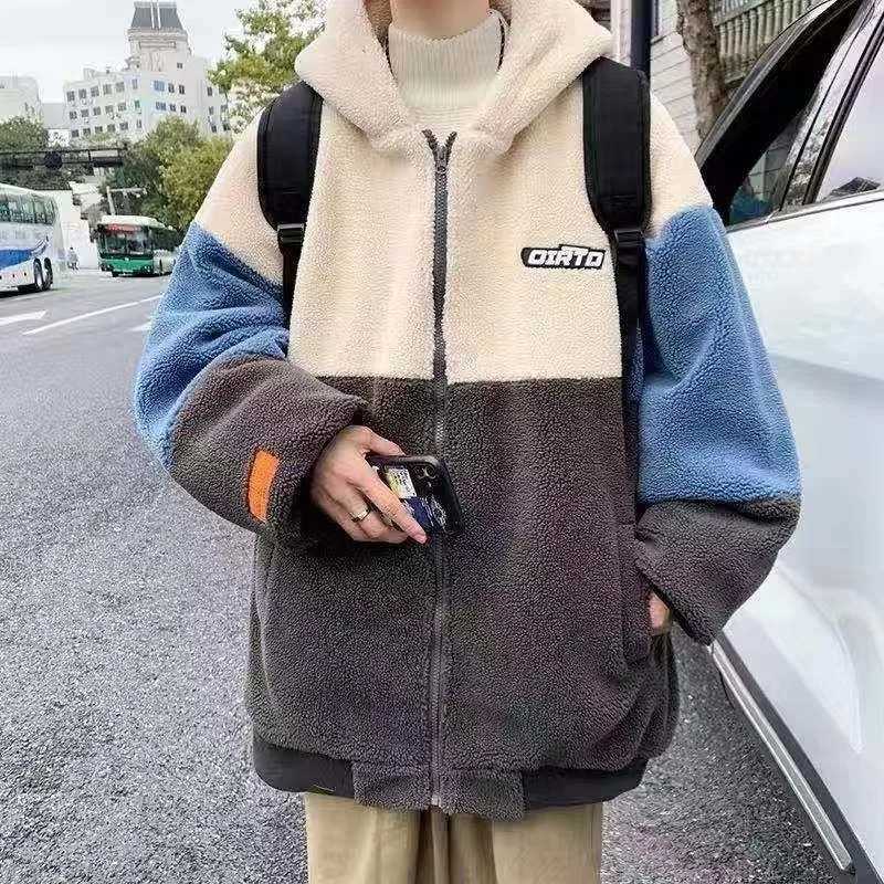 Y2K fashion Lambswool cotton padded jacket mens autumn and winter new hoodie lazy style Lambswool cotton padded jacket loose jacket W241024