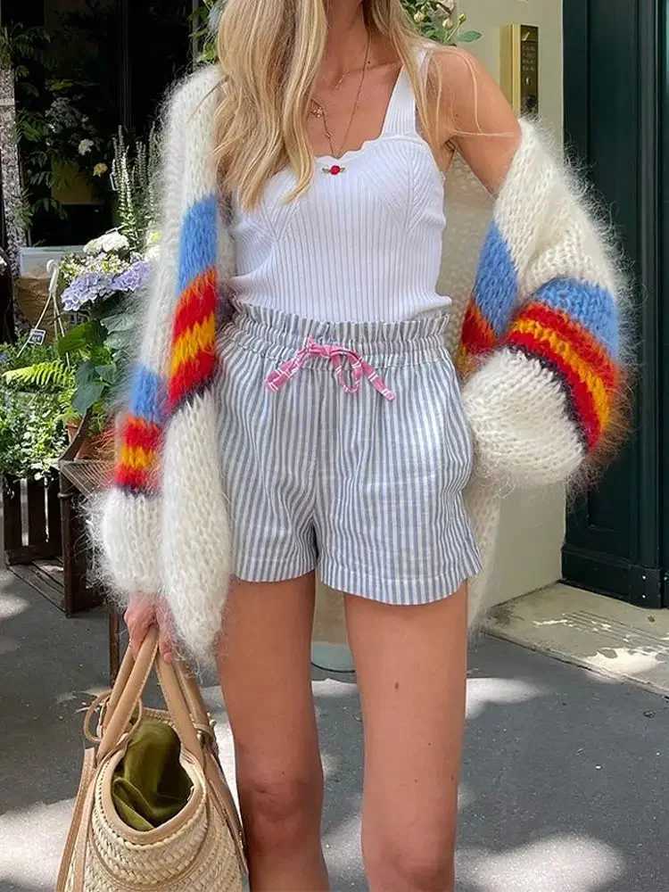 Fashionable Mohair striped long sleeved womens sweater elegant knitted loose cardigan wool sweater autumn new womens casual high street knitting W2410