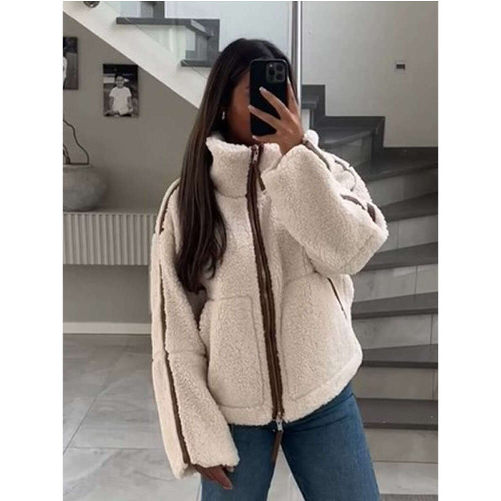 Casual Stand Collar Full Sleeve Patchwork Jacket Warm Double-End Zipper Pockets Plush Coats New Female Winter High Streetwear