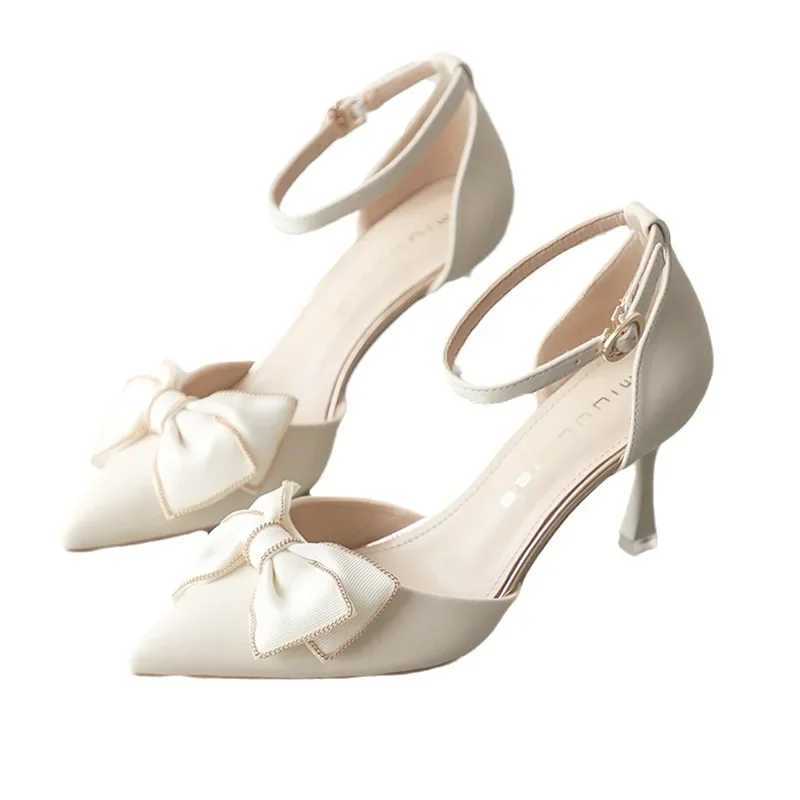 High Quality Mid high heels womens shoe trend toe butterfly slim high heels elegant wedding dress wedding party white designer T241024