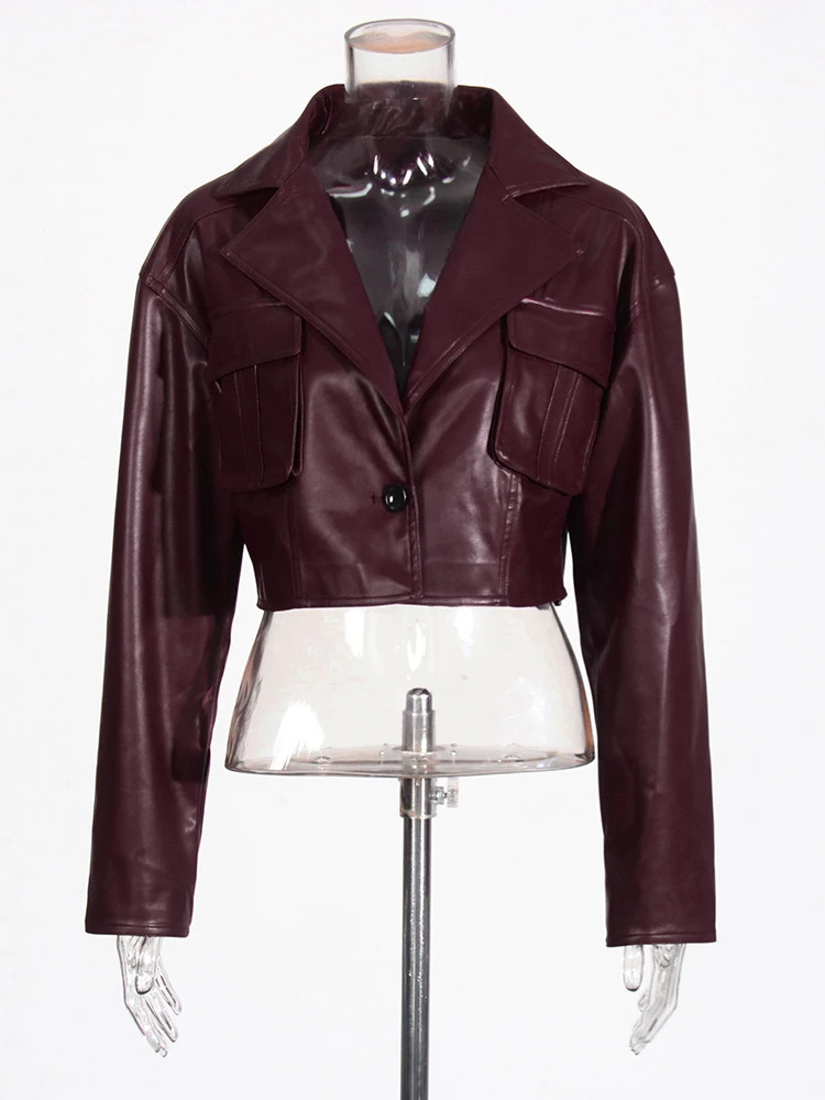 TWOTWINSTYLE Solid Patch Work Bag Womens Leather Chic Coat Collar Long Sleeve Splicing Button Short Jacket Womens Fashion 241025