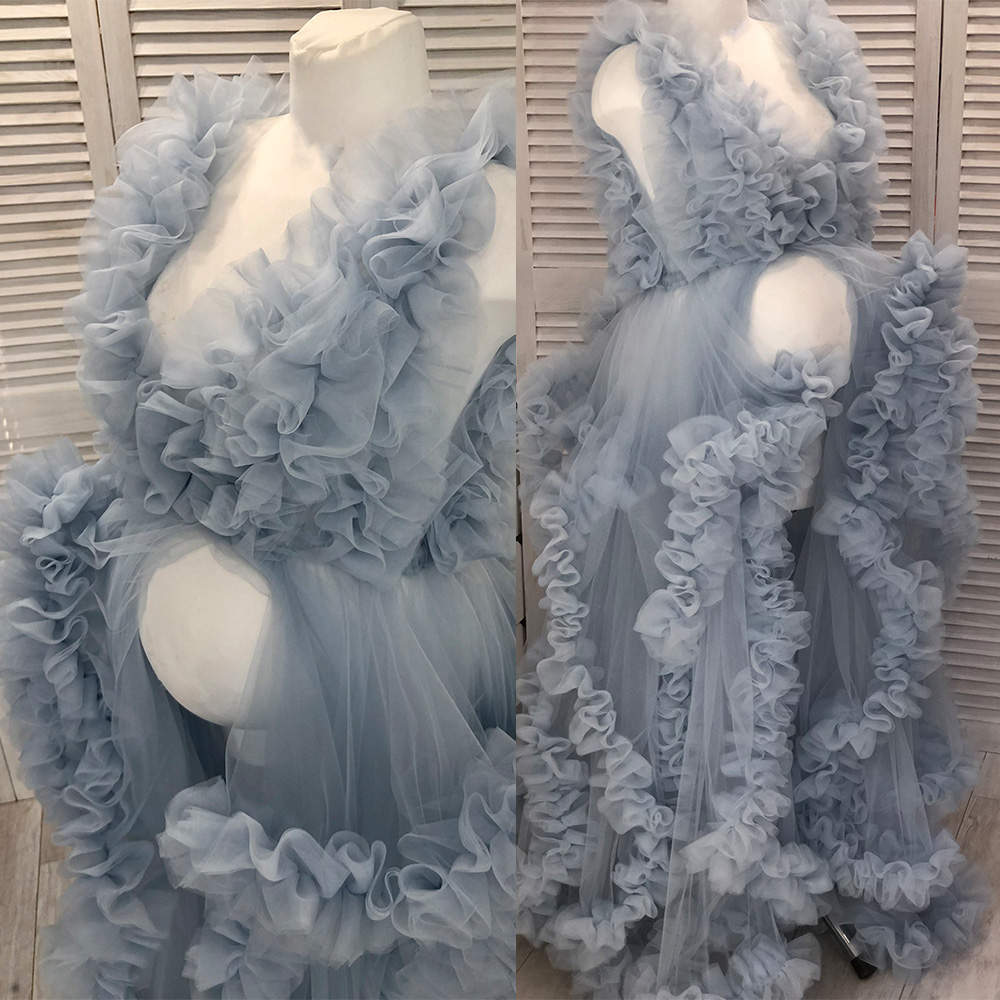 Puffy Women Bathrobe Ruffles V Neck Maternity Dresses Sleeveless Pregnant Tiered Nightgown Pijama Evening Dress Custom Made