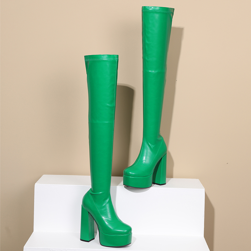 Square Head Platform Super Thick Heel High Quality Elastic Simple Side Zipper Slip On Women's Over The Knee Boots 241110