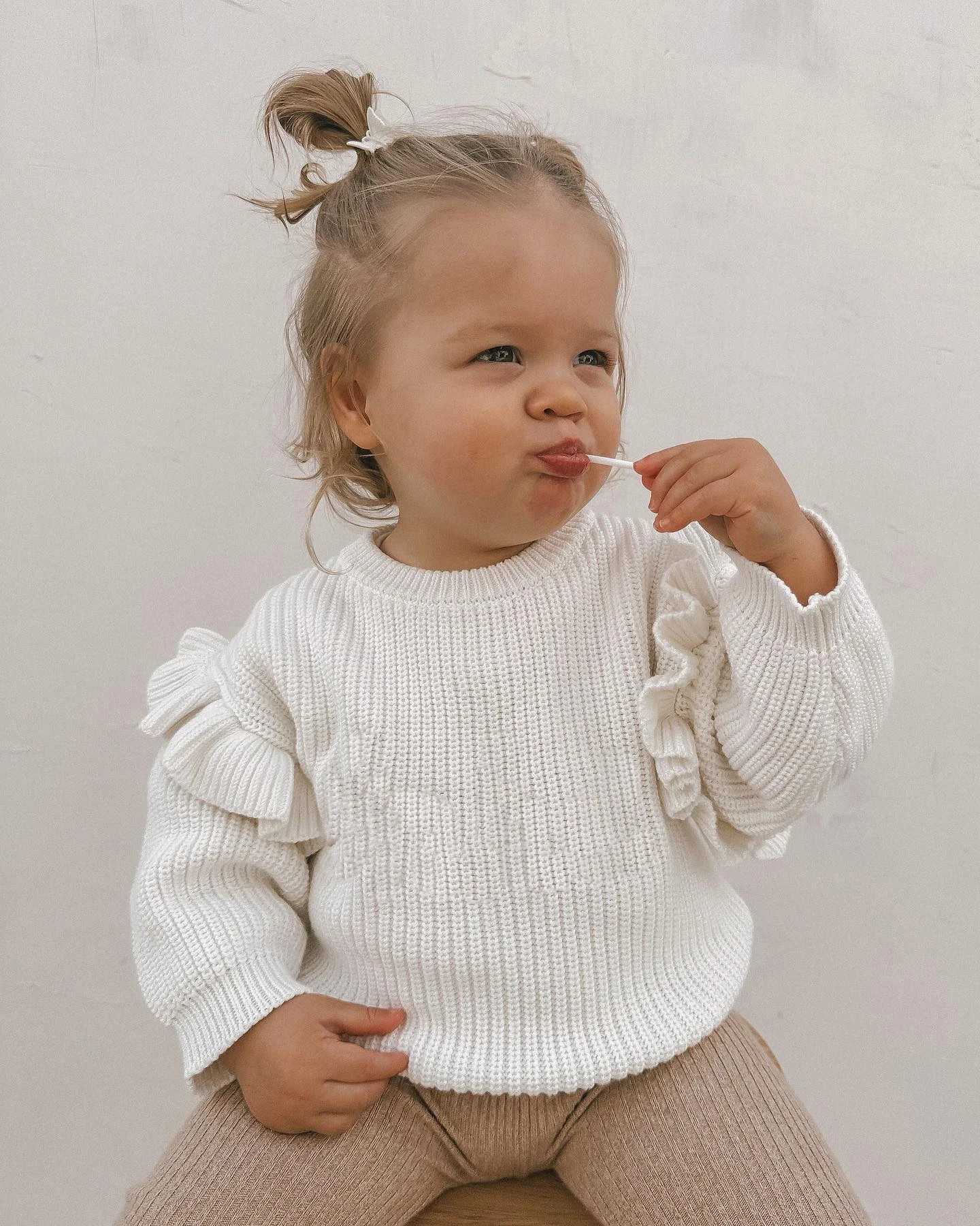 FOCUSNORM 0-3Y Autumn Winter Baby Girl Boy Sweater Cute Ruffle Long Sleeve Solid Color Knitted Pulling Flower Preschool Loose Top W241025