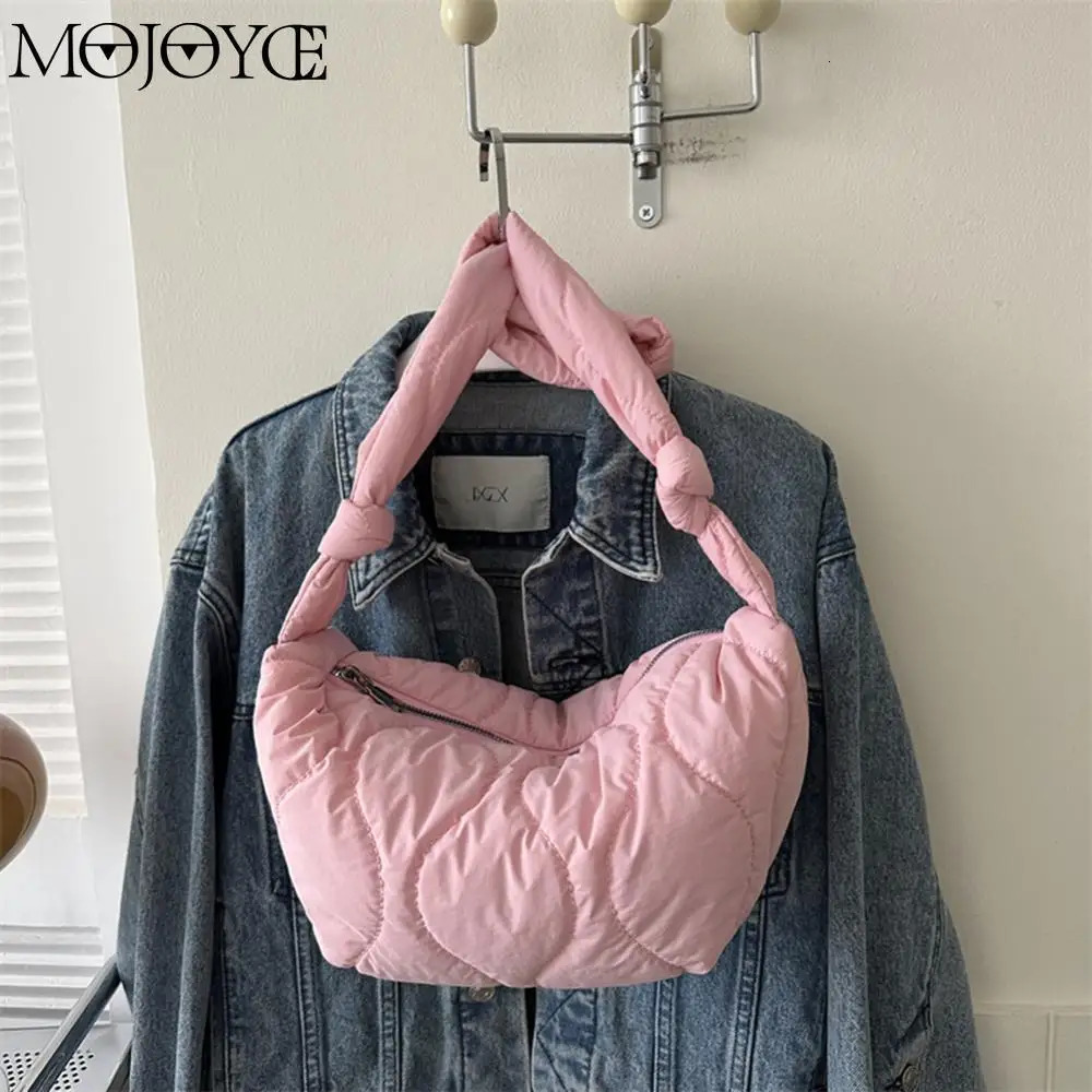 Female Puffer Shoulder Bag Soft Pillow Shopper Ruched Messenger Padded Tote Handbag Winter Checkered Purses 241017