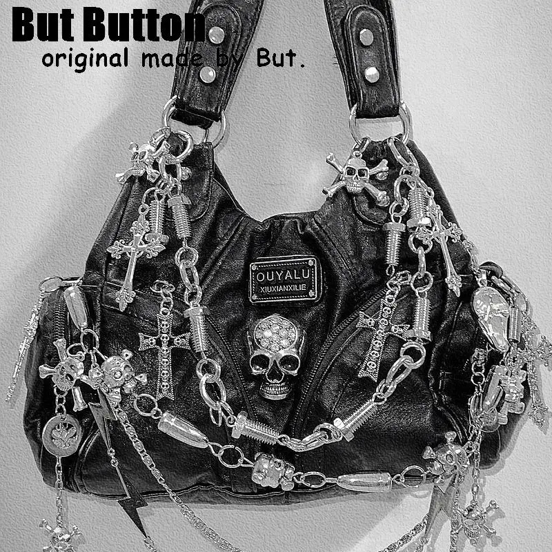 Womens Y2k Girl Retro Harajuku Full Chain Gothic Rivet Nail Gothic Single Shoulder Handbag Womens Punk Handbag Steampunk Bag 241024