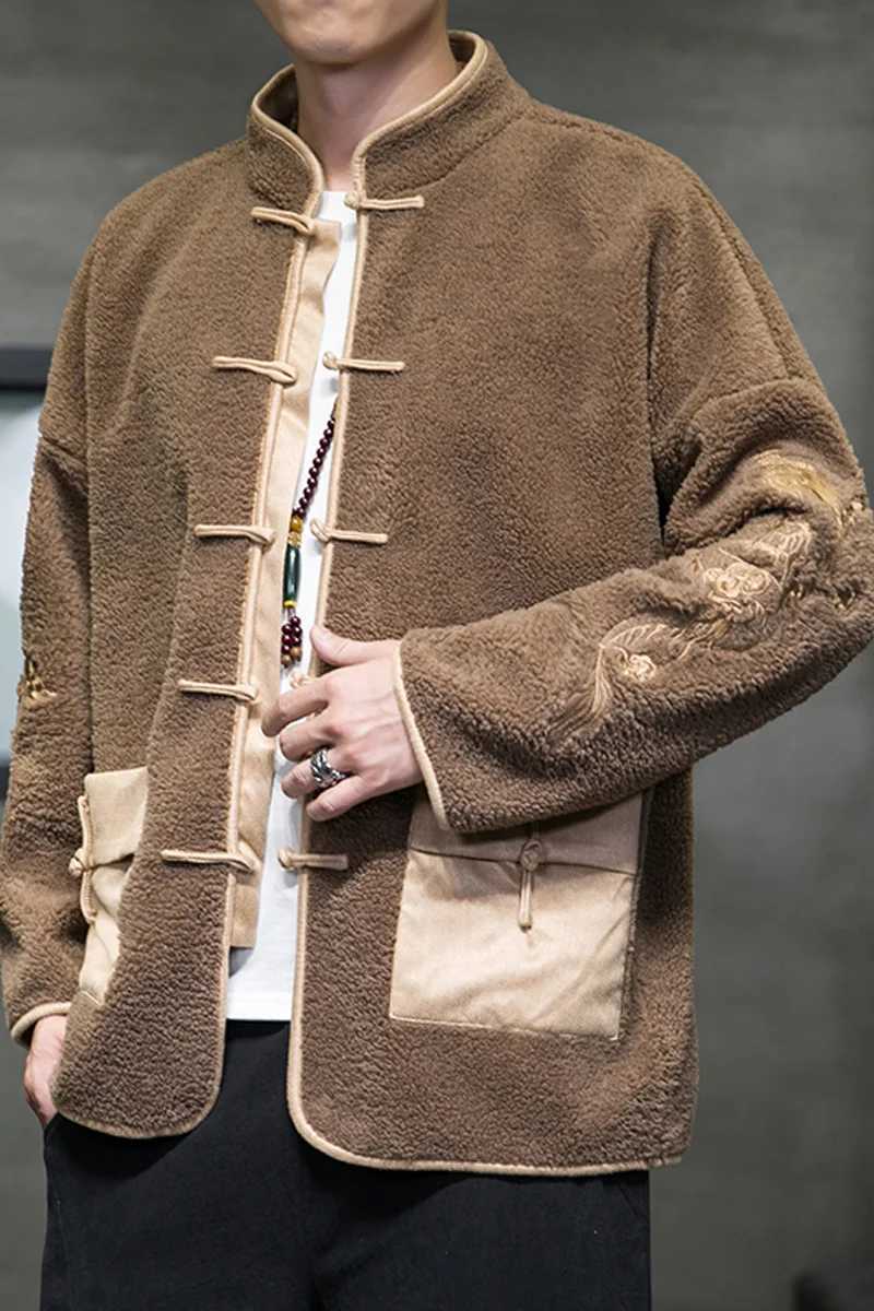 2023 autumn winter mens cashmere cotton padded jacket mens dragon embroidery Parkasmens warm velvet coat Chinese style Parkas W241024