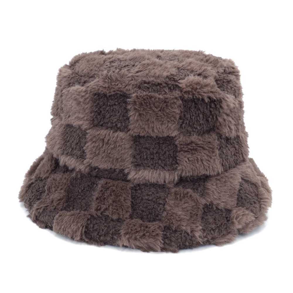 Checkerboard Splicing Winter Bucket Hats Keep Warm Thick Fur Fluffy Women Men Outdoor Fashion Windproof Female Fisherman CapsX241025