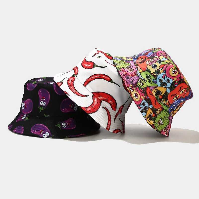 Vegetables Print Bucket Hats Women Mens Panama Hat Double-sided Foldable Summer Cap Hamburger Pepper Tomatoes Graffiti Sun HatX241025