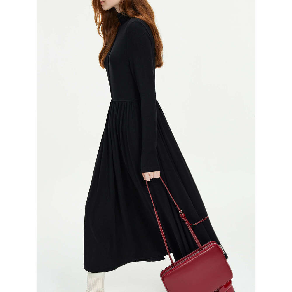 FSLE Knitted Mock Neck Winter Warm All-Match Black Long Pleated Design Dresses Women Sweater Dress 24Fs14498
