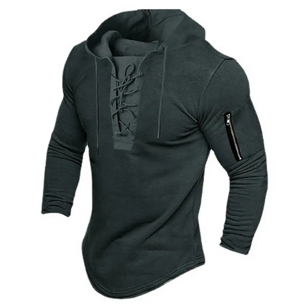 No Ironing Men Hoodie Vintage Laceup Stylish Mens Pullover with Zipper Detailing Slim Fit for Spring Fall Casual Style 241025