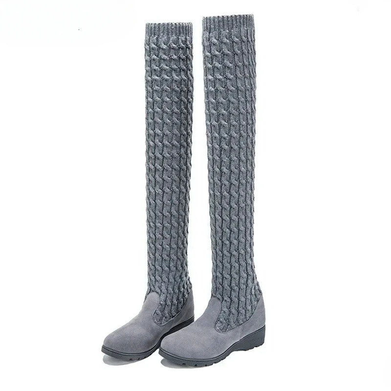 Womens boots spring and autumn thick boots womens knitted boots knee boots elastic boots sock wedge boots 250225