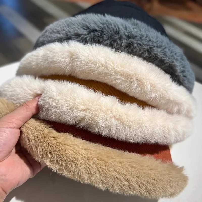 Fashion Fluffy Fur Bucket Hat for Women Winter Thick Warm Soft Plush Fisherman Panama Cap Femme Vintage Lamb Fleece Beanies HatsX241025