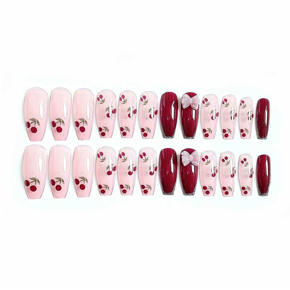 24Pcs Coffin Press on Nails Full Finished Deep Red False Nails Cherry Pattern Fake Nails for Women and Girls Fake Nail PatchXJ241025