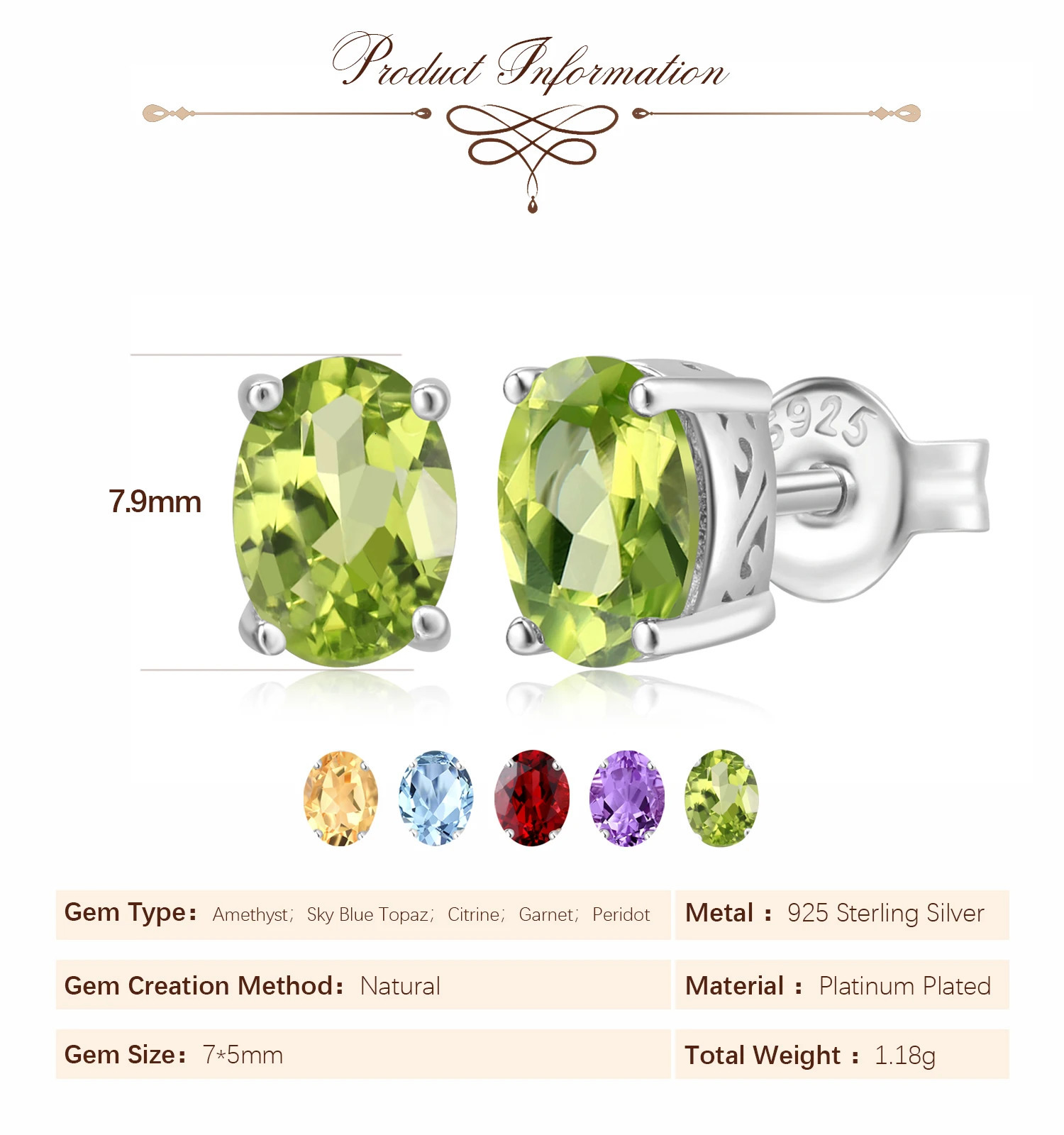 Potiy Natural Oval 2.4ct garnet Peridot amethyst sky blue topaz Citrine stud earrings 925 sterling silver female birthstone 241025
