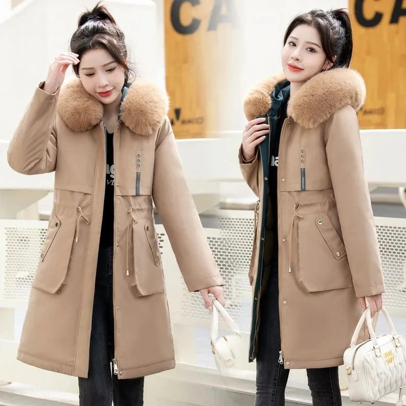 Womens Winter Coat Hooded Thick Artificial Fur Filled Parka Detachable Chiffon Puff Coats Female Black Snow Outerwear 241021