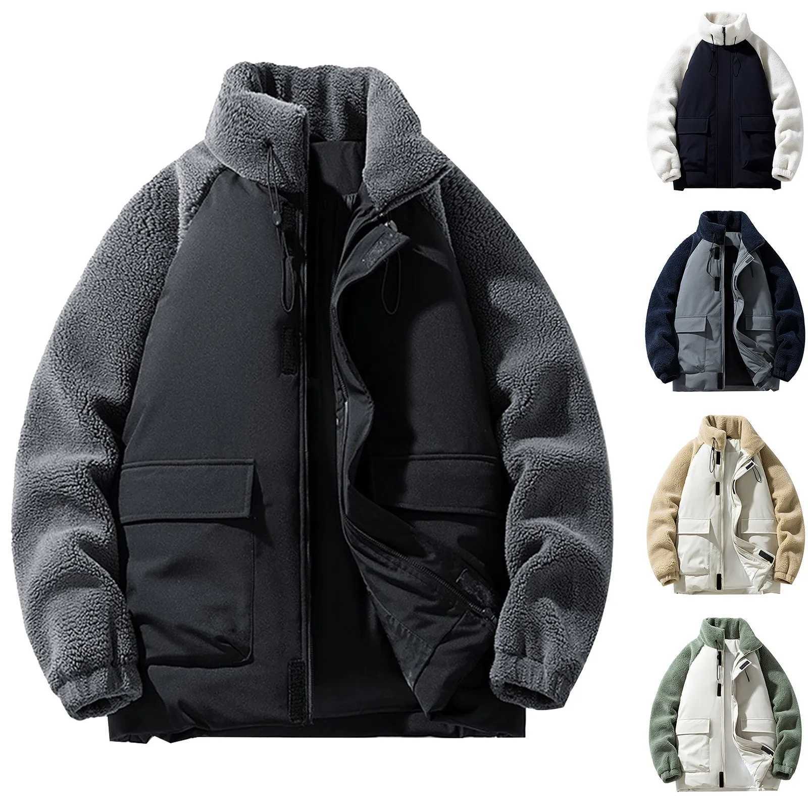 Mens winter down jacket zipper lamb wool cotton padded jacket splicing frame collar long sleeve fashionable thick jacket W241024