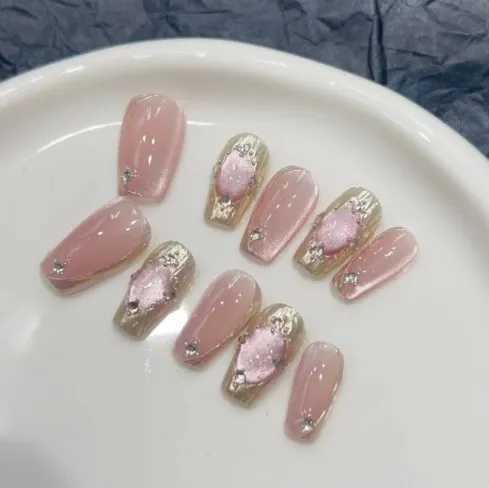 10pcs Cat Eyes Magic Mirror Pink Press On Nails Short Ballet Removeable Manicure Full Cover Long False Nail With Glue Fake NailXJ241025