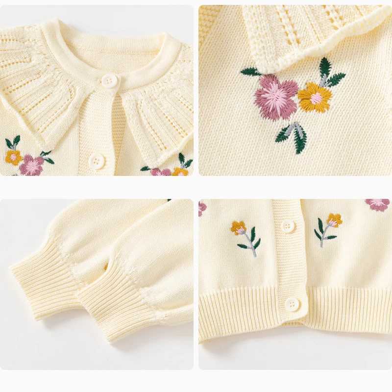 Autumn and winter childrens girls cardigan wool sweater cotton knitted flower embroidered lapel long sleeved baby girls sweater childrens girls coat W