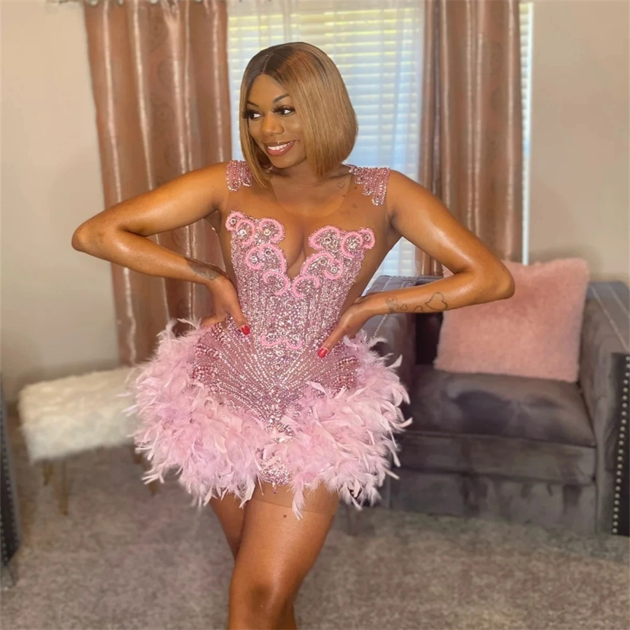 Luxury Feather Pink Prom Dresses With Beaded Crystal Black Girl African Cocktail Dresses Women Evening Birthday Homecoming Dress Graudtaion Vestio De 