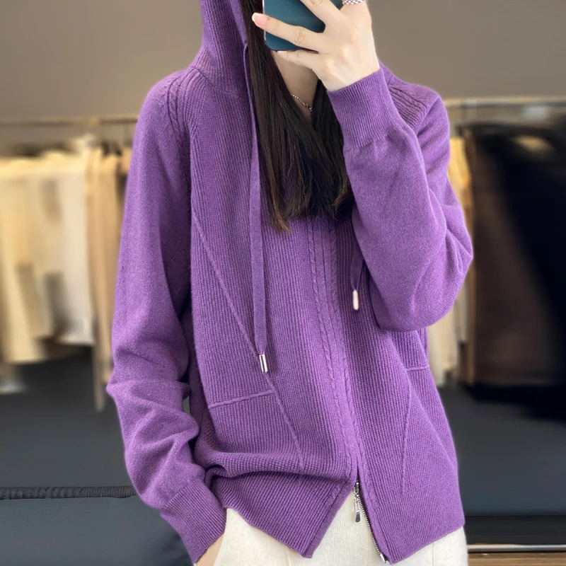 Autumn And Winter Womens Cashmere Sweater Solid Hooded Cardigan Fashion Women Thickening Knitted 241021