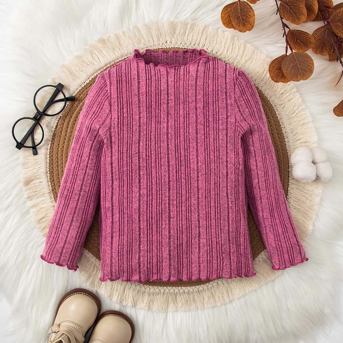 Spring and autumn boys and girls lace round neck long sleeved striped solid color knitted sweater fashionable and warm for children W241025