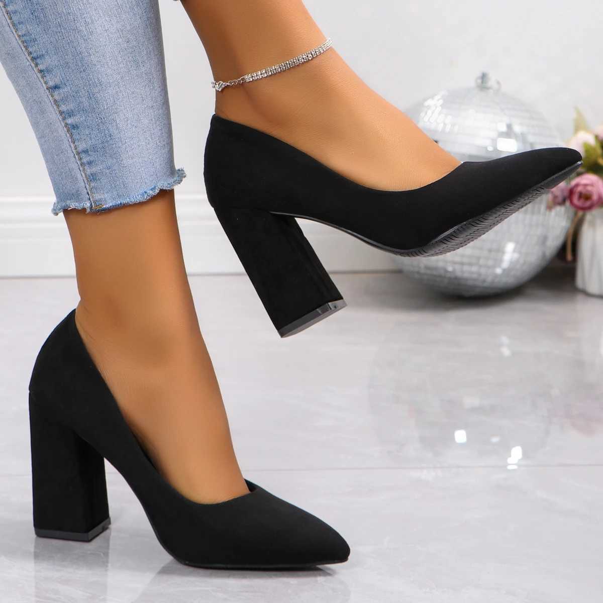 High Quality New 7cm Thick High Heels Womens Pump Shoes Suede Wedding Party Casual Square High Heels Fi Slip - Womens High Heels T241024