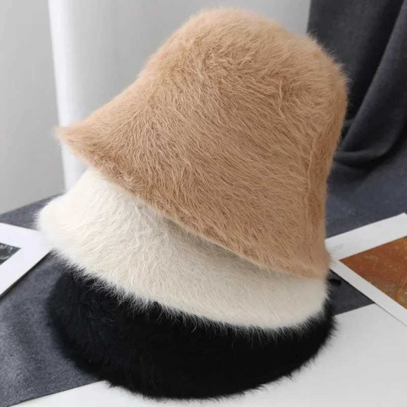 Rabbit Fur Bucket Hat Plush Bucket Hat Soft Warm for Women Winter White Black Knitted Fisherman Hat Soft Warm Girls Basin HatsX241025