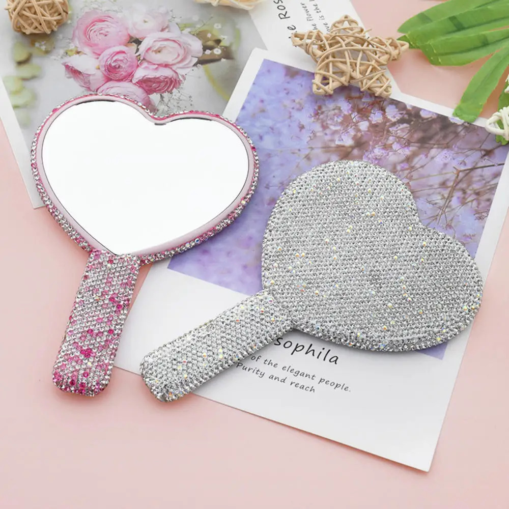 Diamond Handheld Makeup Mirror Love Heart Female Handle Cosmetic Beauty Tools Vanity Girls Make Up 241024