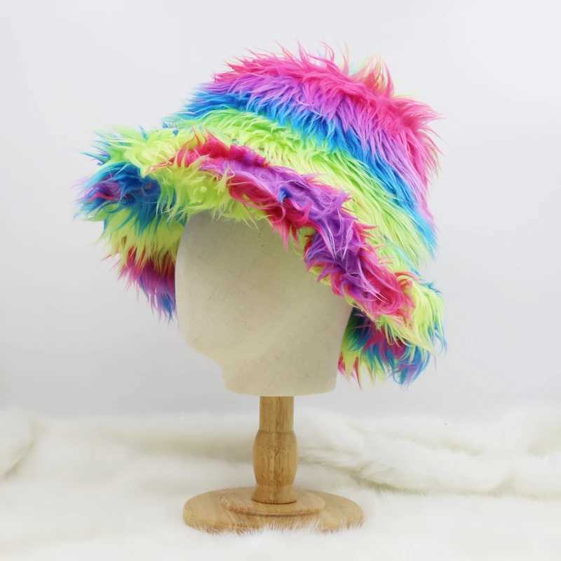 2022 Women Men Fashion Rainbow Faux Fur Bucket Hat Winter Thickened Soft Warm Fluffy Fishing Cap Outdoor Vacation Fisherman HatX241025