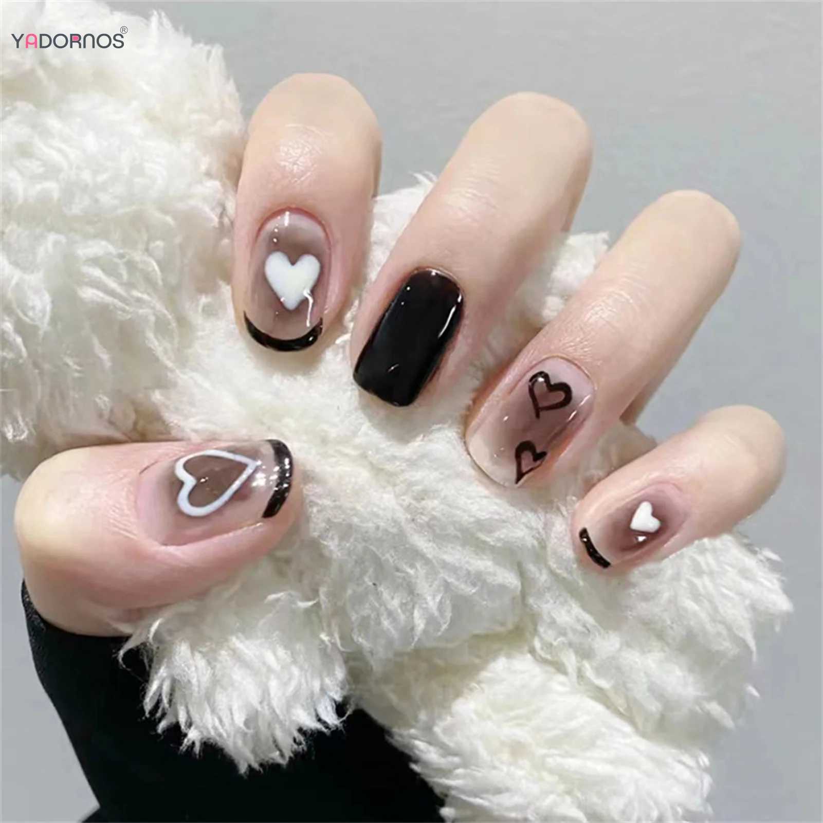 Fashion Black French Press on Nails Tips Y2K Style Clear Fake Nails with Heart Designs Short Ballet False Nails for Women GirlsXJ241025