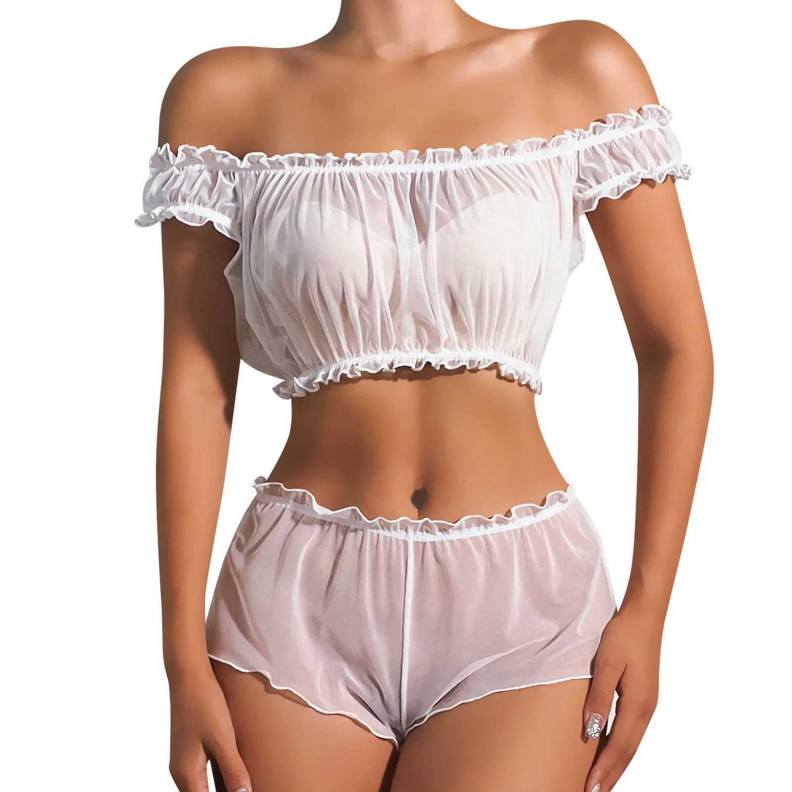 Sexy Set White Transperant Lingerie Set Women Mesh Net Sexi Lenceria Sensual Sexy Off Shoulder Bra and Panties Set Erotic Underwear Sets z241025