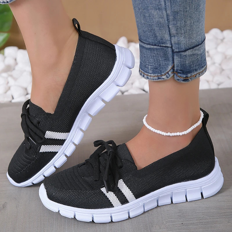 Breathable Knitted Striped Flat Shoes for Womens Casual Lace Soft Sole Sneakers for Womens Super Size 43 Lightweight Anti Slip Shoes 241024