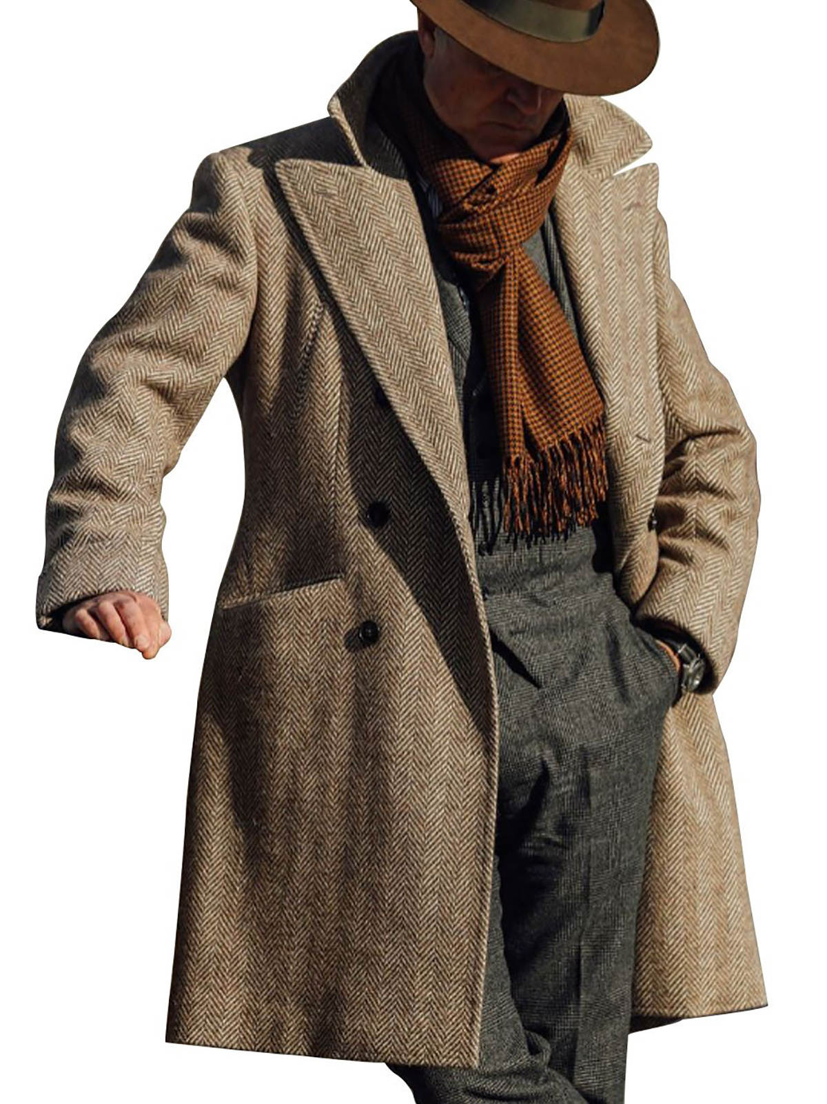 Hnadsome Men's Overcoat Peaked Lapel Tailored Wool Blend Jacket Harringbone Blazer Autumn Winter Double Breasted Plus Size Windbreaker Custom Mad