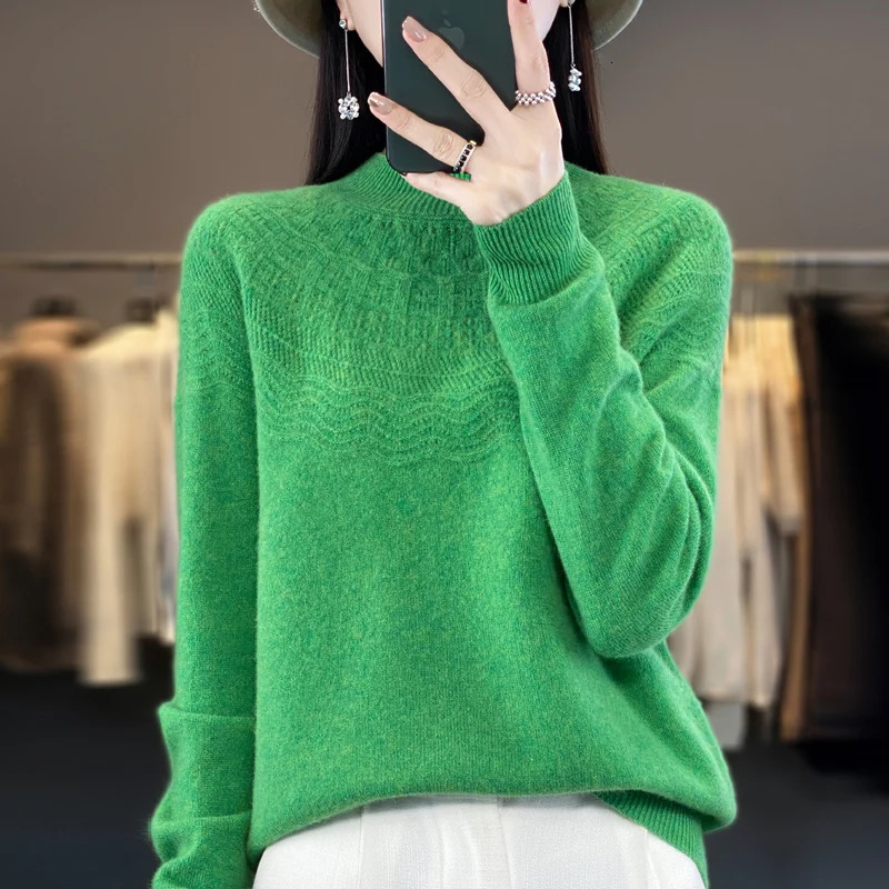 Autumn Winter Women 100% Merino Wool Pullover Mockneck Basic Sweater Hollow Solid Cashmere Knitwear Female Bottoming Shirt 241021