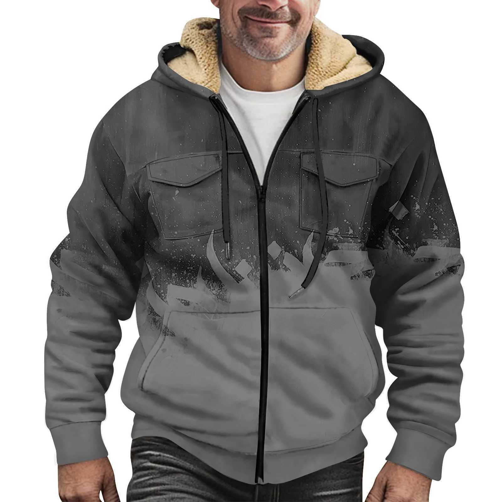 Winter Warm Hoodie Lambswool Hot Zipper Jacket Mens Windproof Thick Hoodie Plus Size Coat W241024