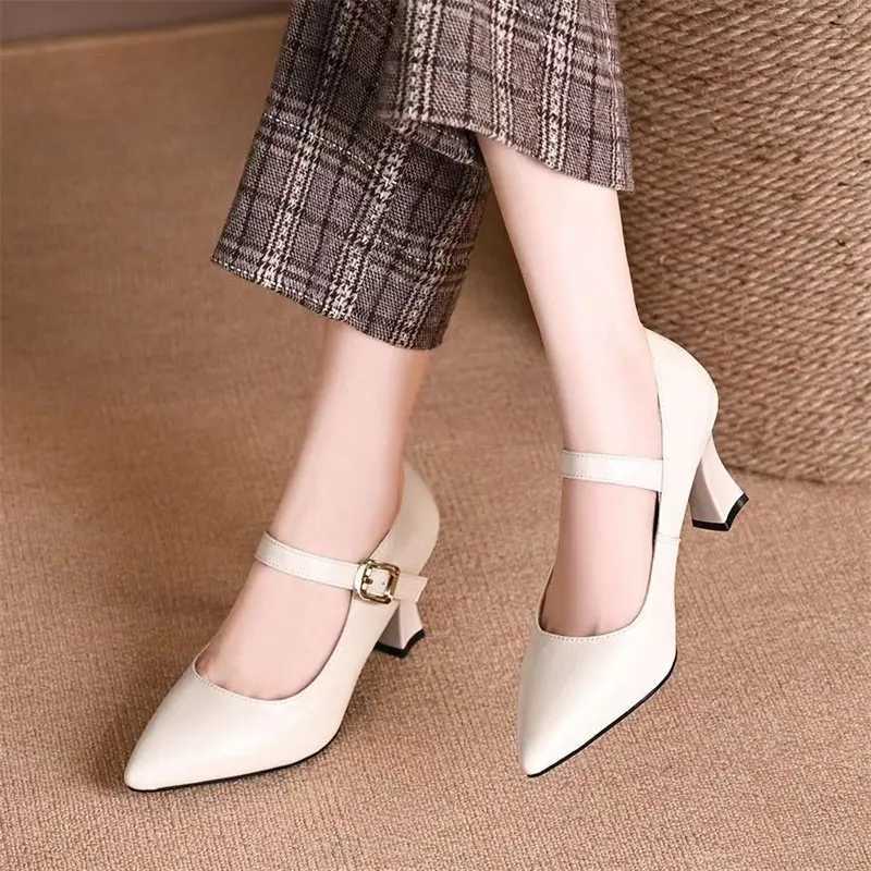 High Quality Brown Black Mary Jane Pump Womens Fi Dot Short and Fat High Heels Elegant Simple Solid Color Office Womens Shoes T241024