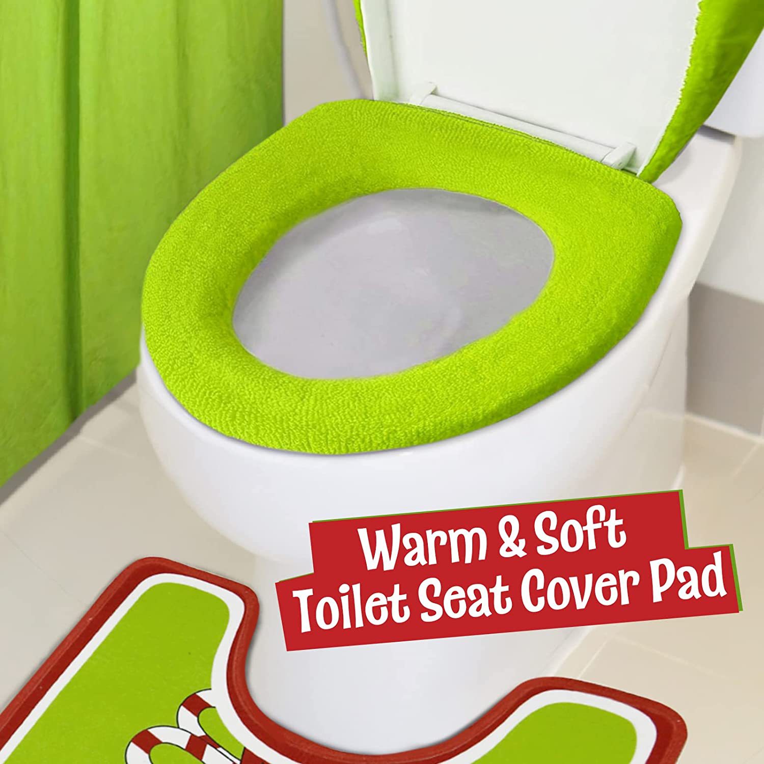 Christmas Decorations Xmas Bathroom Sets Grinch Green Monster Toilet Seat Cover and Rug for Indoor Home Bathroom Sets of 4 pcs (Red - Green) FY1045
