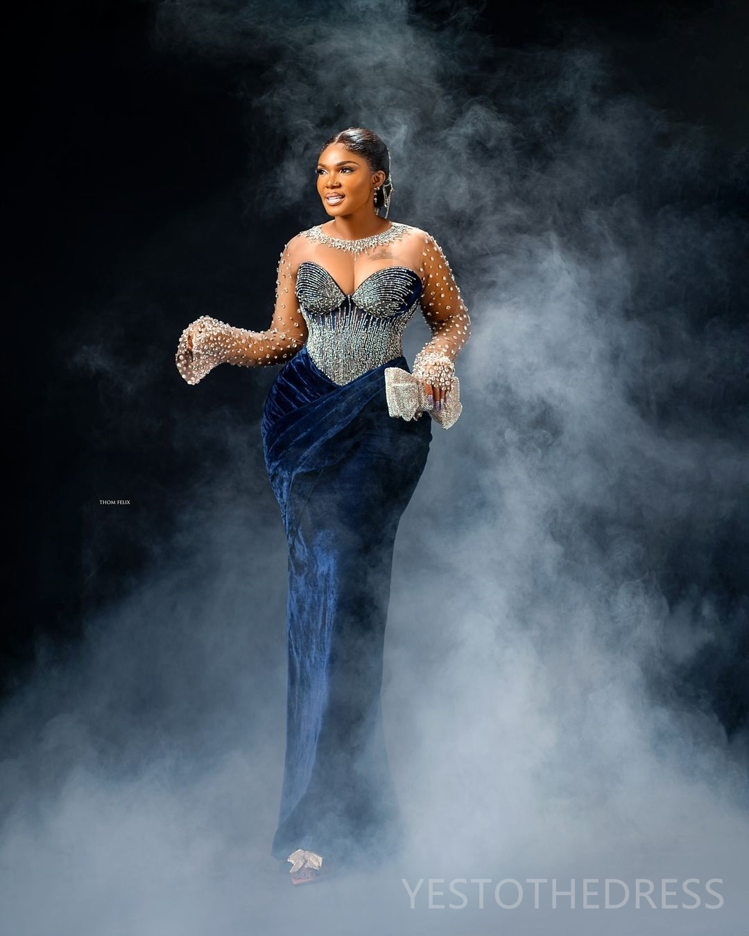 2024 Plus Size Navy Blue Prom Dress Evening Dresses Elegant Sheer Neck Velvet Mermaid Beaded Rhinestones Crystals Decorated 50TH Birthday Dress Engage