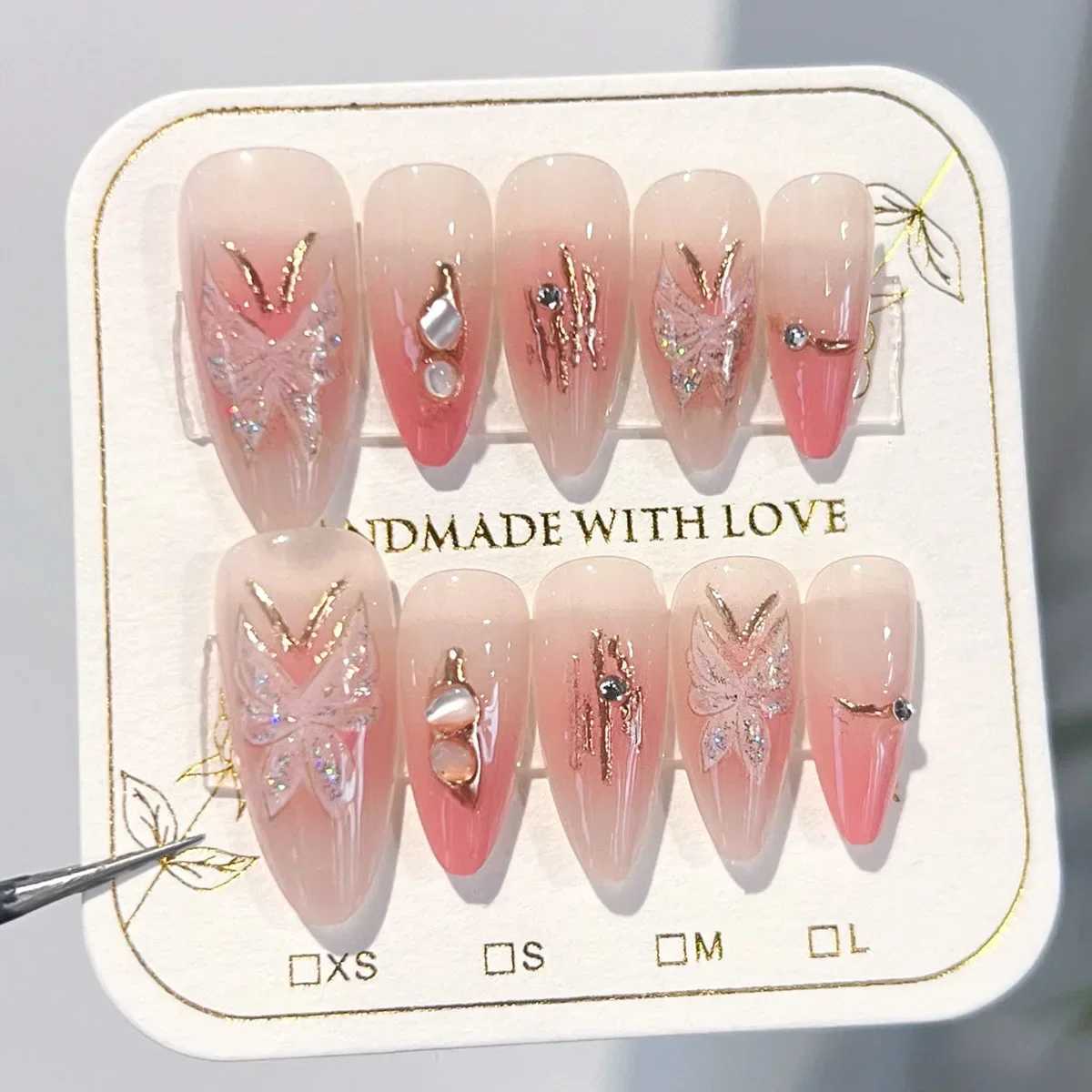 10Pcs Almond Handmade Press on Nails Pink Fake Nails with Butterfly Decoration Blue Wearable Stick-on Nails False Nail Uas XJ241025