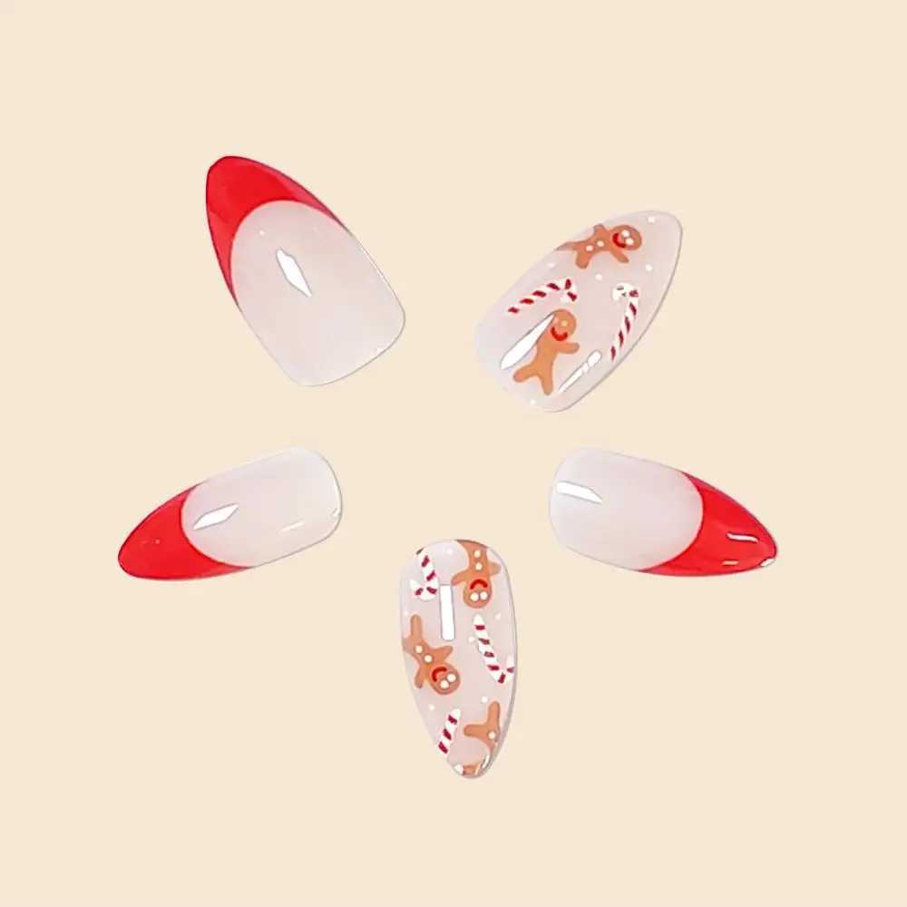 24Pcs Women Girls Medium Almond Red French Christmas Gingerbread Man Crutch Full Coverage Wearable Fake Nail Press on Nail ArtXJ241025