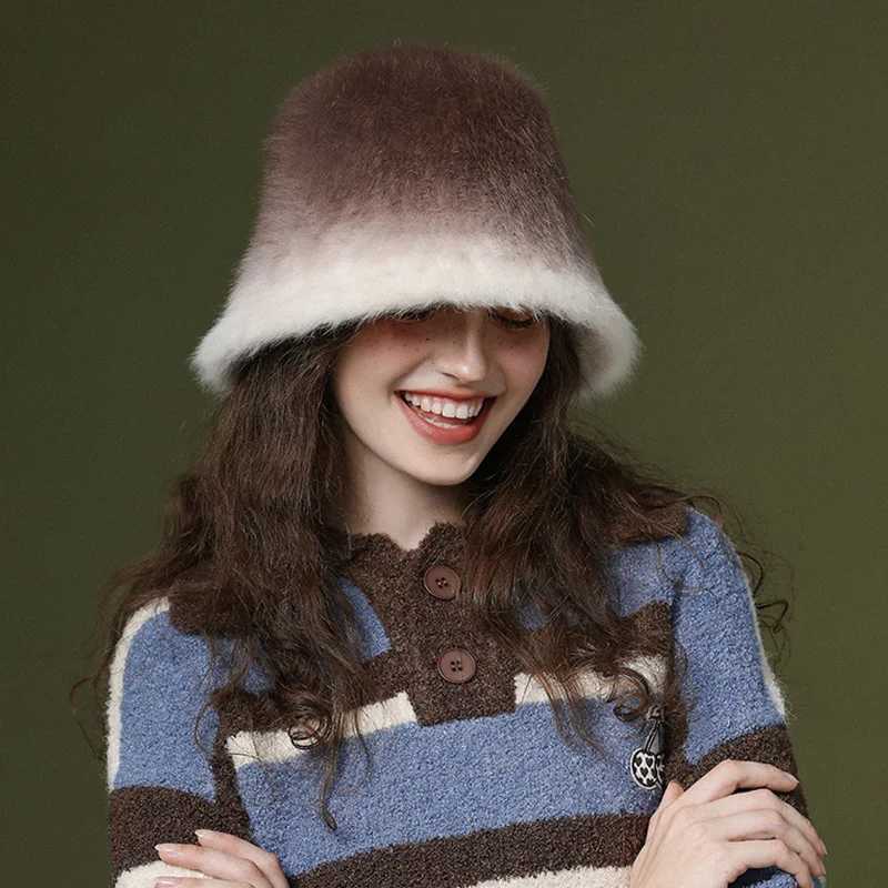Gradient Rabbit Fur Fisherman Cap Beanies for Women Plus Velvet Warm Bucket Hat Winter Windproof Thickened Adjustable Basin HatsX241025