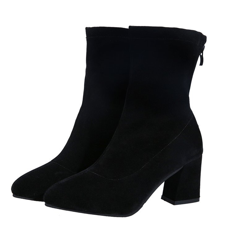 free shipping designer short boots womens 2024 winter new item black back zipper thick heel boots pointed middle heel elastic womens boots