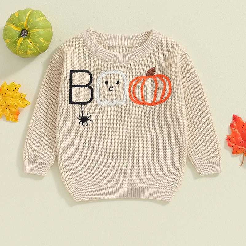 Preschool girl boy sweater Halloween costume pumpkin ghost spider letter embroidery long sleeved childrens pull-up top W241025