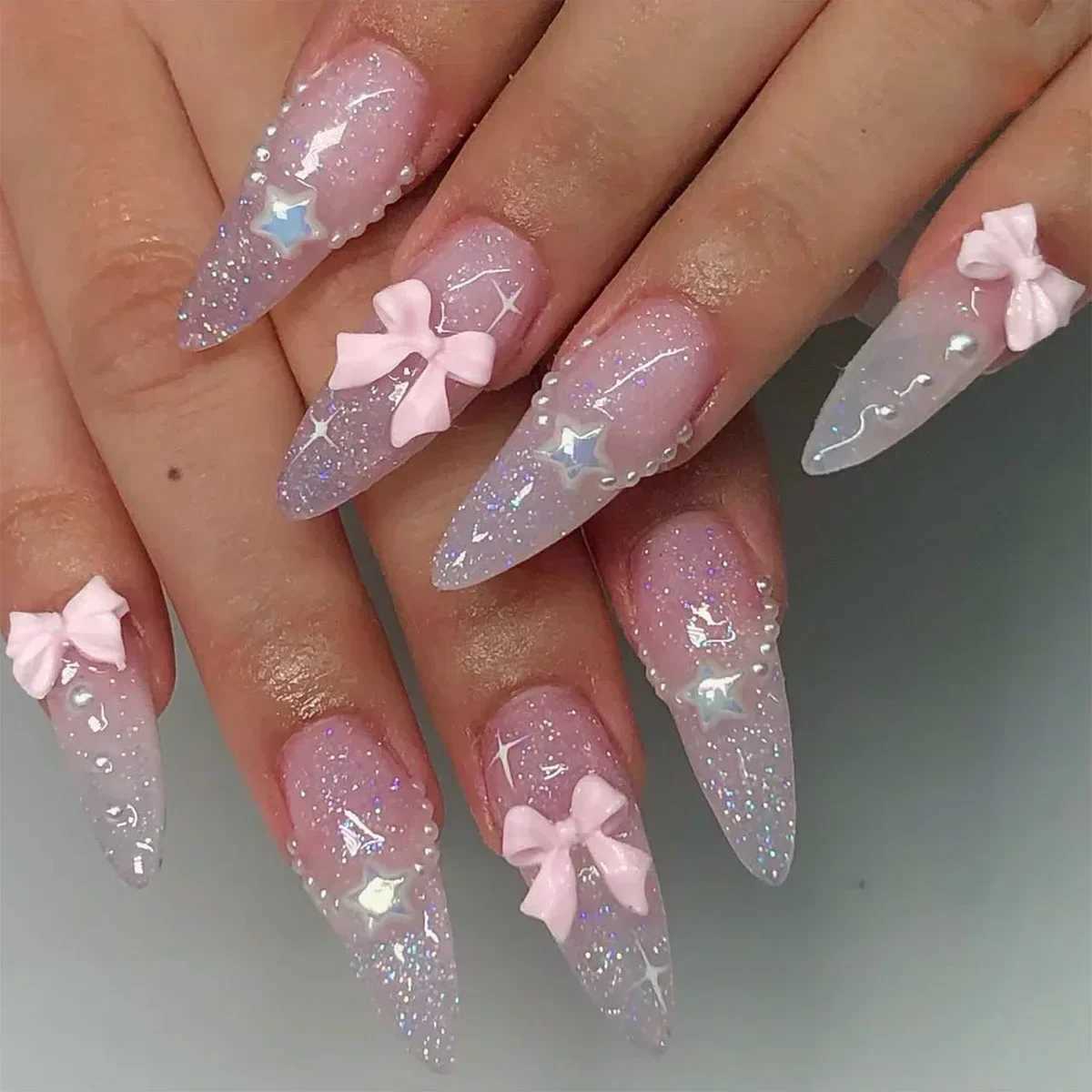 24Pcs Pink Almond French Press on Nails With Bow Pearl Design Fake Nails Ballerina False Nails Full Cover Nail Tips with glueXJ241025